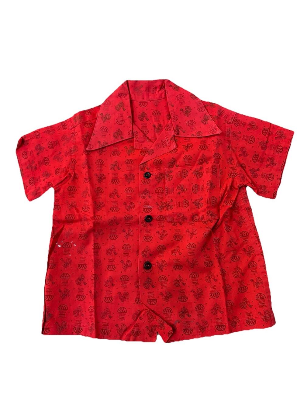 Vintage Red Novelty Print Button Front Shirt | Roosters & Hay Sheaves MCM